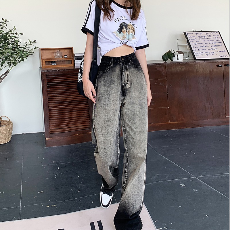 Real shot 2022 tide brand retro design old copper rust straight loose jeans women