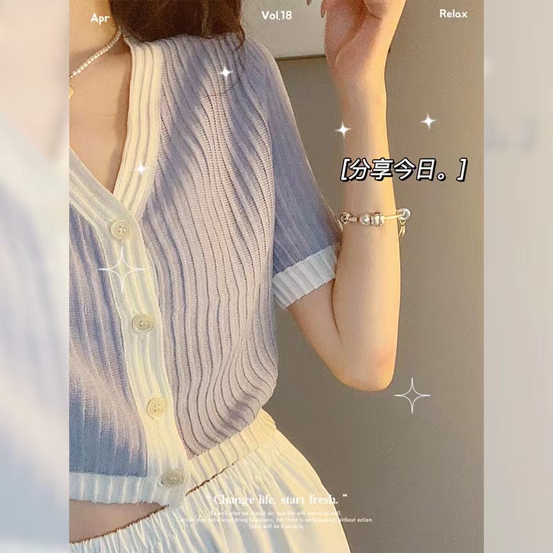 Cardigan thin women's air conditioning shirt 2022 new Japanese sweet and gentle wind thin ice silk knitted short sleeve top