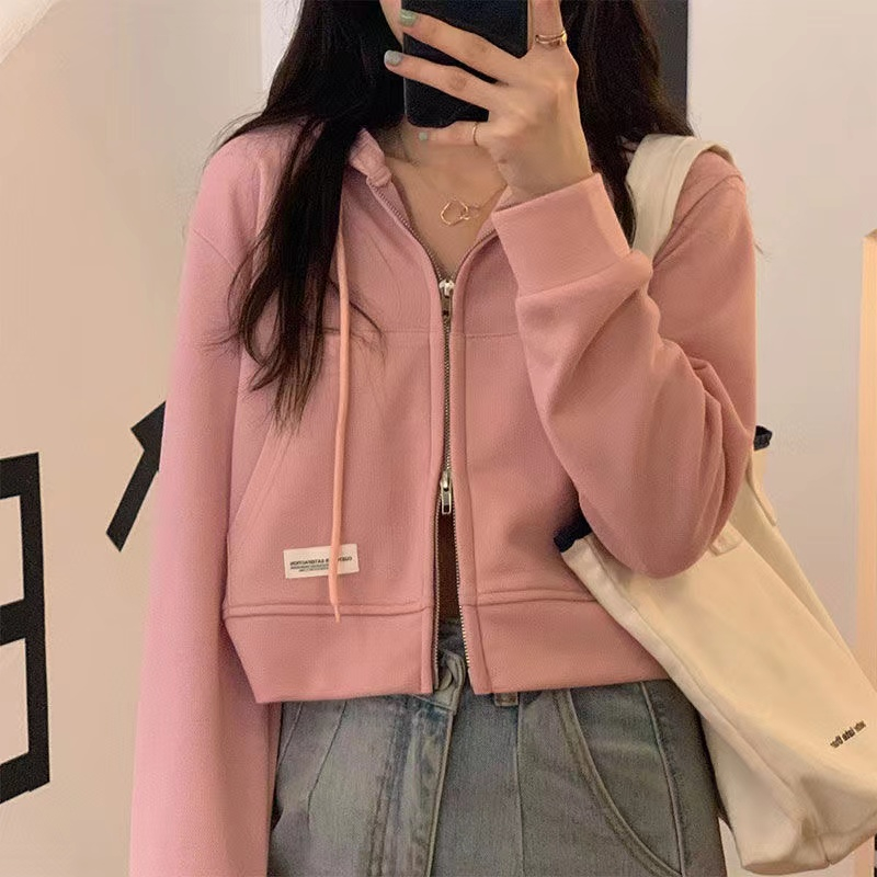 Design sense niche zipper pink top women's autumn all-match short long-sleeved chic hooded sweater jacket trendy
