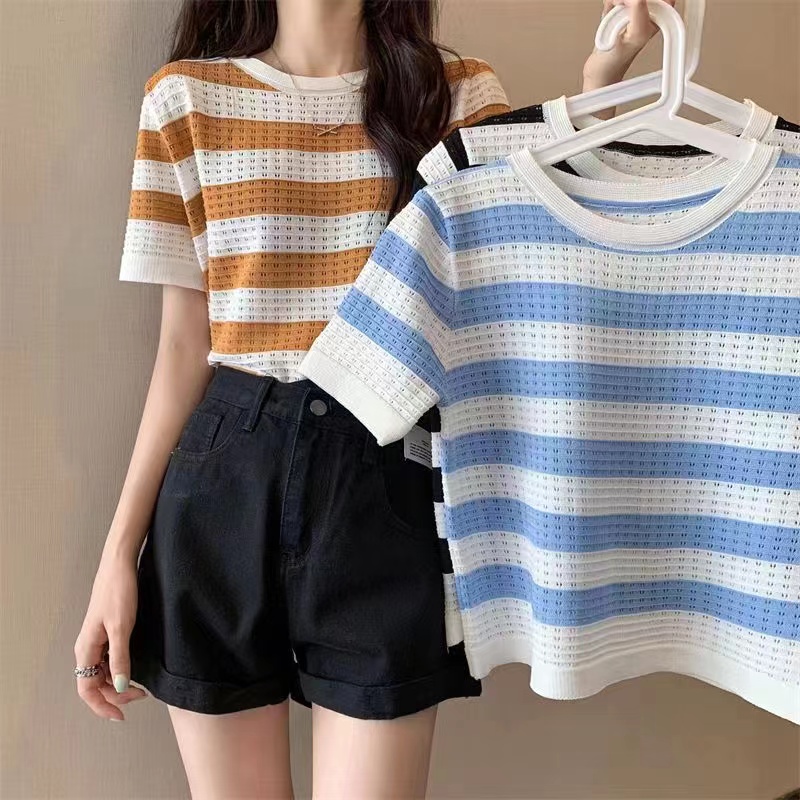 Summer new design sense hollow stripe versatile knitted T-shirt top