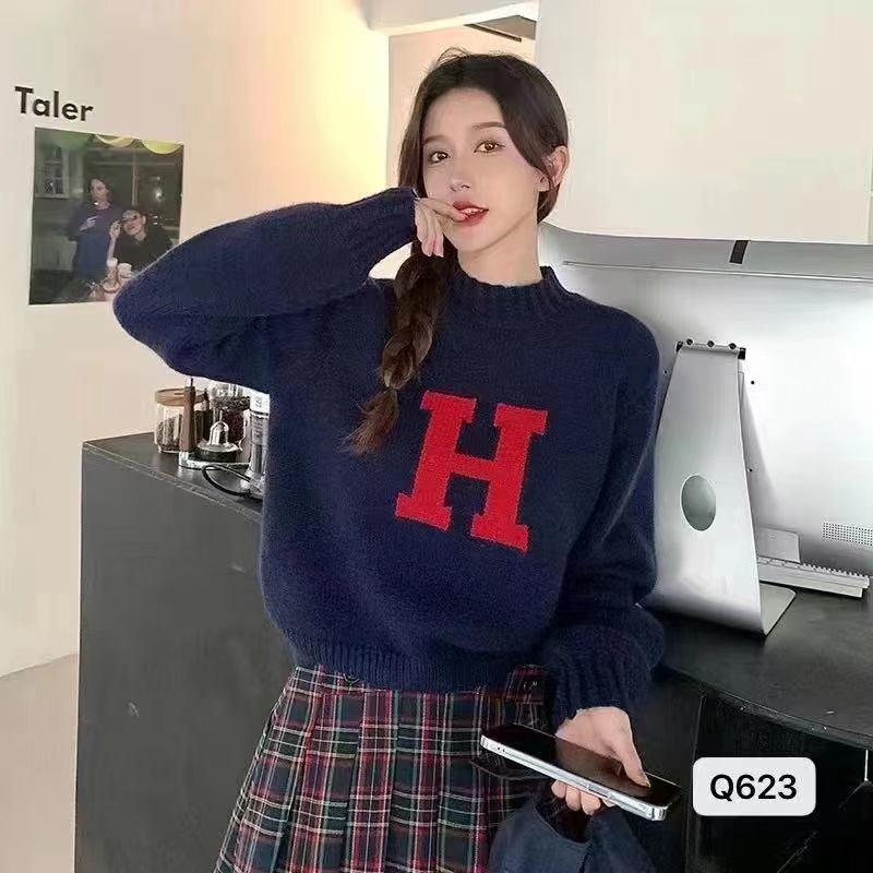 Autumn and winter new Korean style design sense lazy half-high collar letter jacquard long-sleeved top