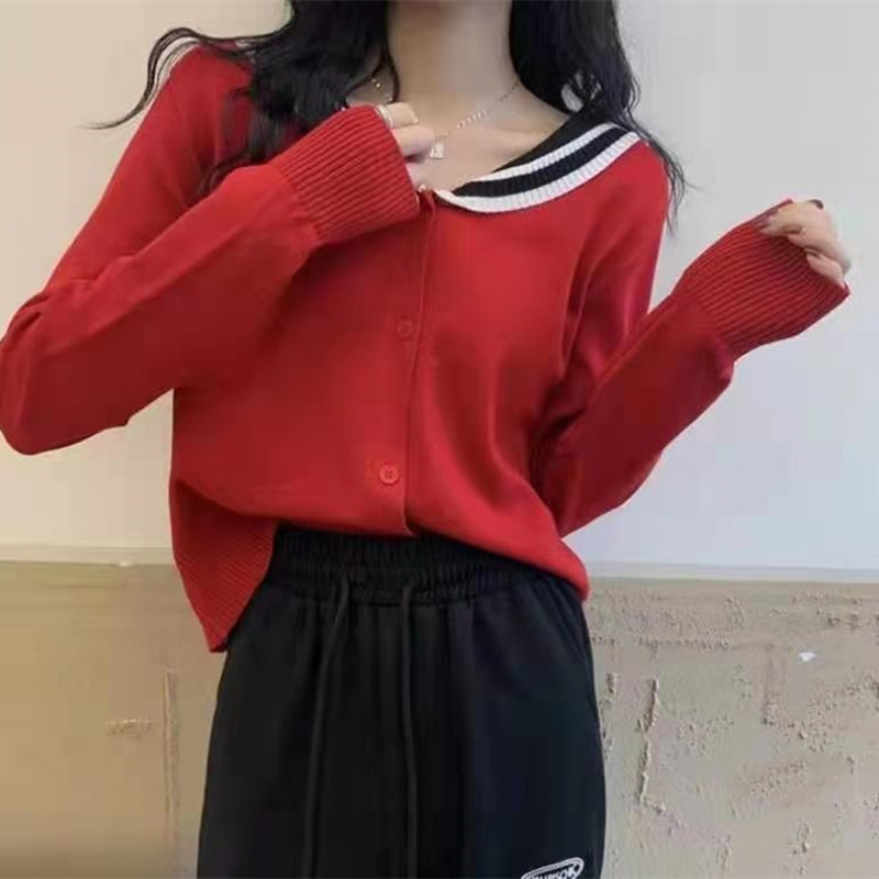 Korean Navy neck loose sweater women's 2021 autumn new versatile foreign style short long sleeved knitted cardigan top