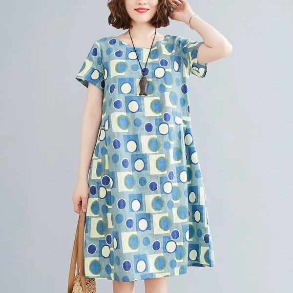 Summer new mom large spot printed ice silk short sleeve dress loose and slim casual medium and long skirt