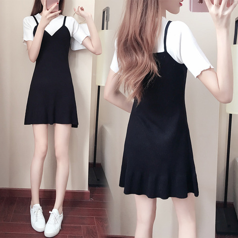 2022 black bottomed skirt suspender vest skirt female summer wear short sleeved dress A-line skirt fake two small black skirts