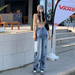 Cross high street hong kong style mopping jeans 2022 loose fashion high waist slim European and American straight pants
