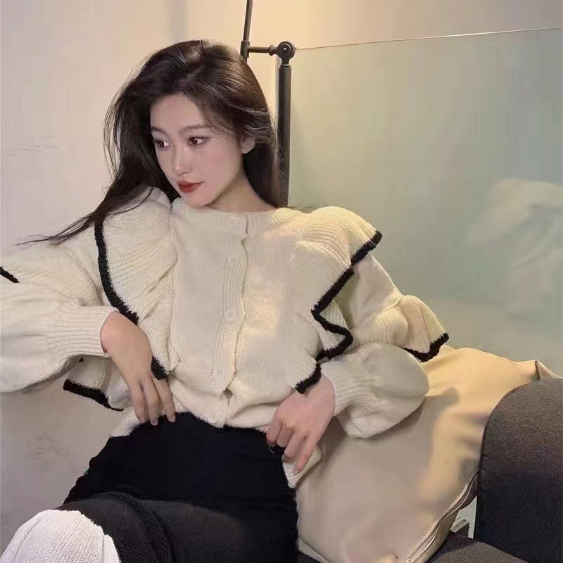French Vintage Ruffle sweater cardigan coat women's autumn and winter 2022 new loose short knit top