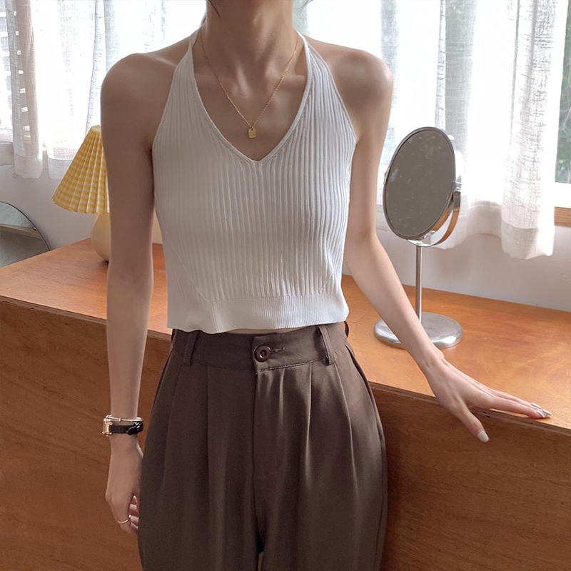 Real price real shot 2021 spring and summer new slim neck knitted vest suspender top