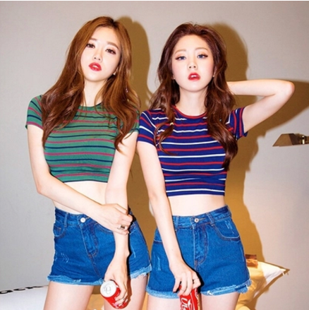 Korean summer new sexy navel revealing slim stripe short T-shirt show thin base