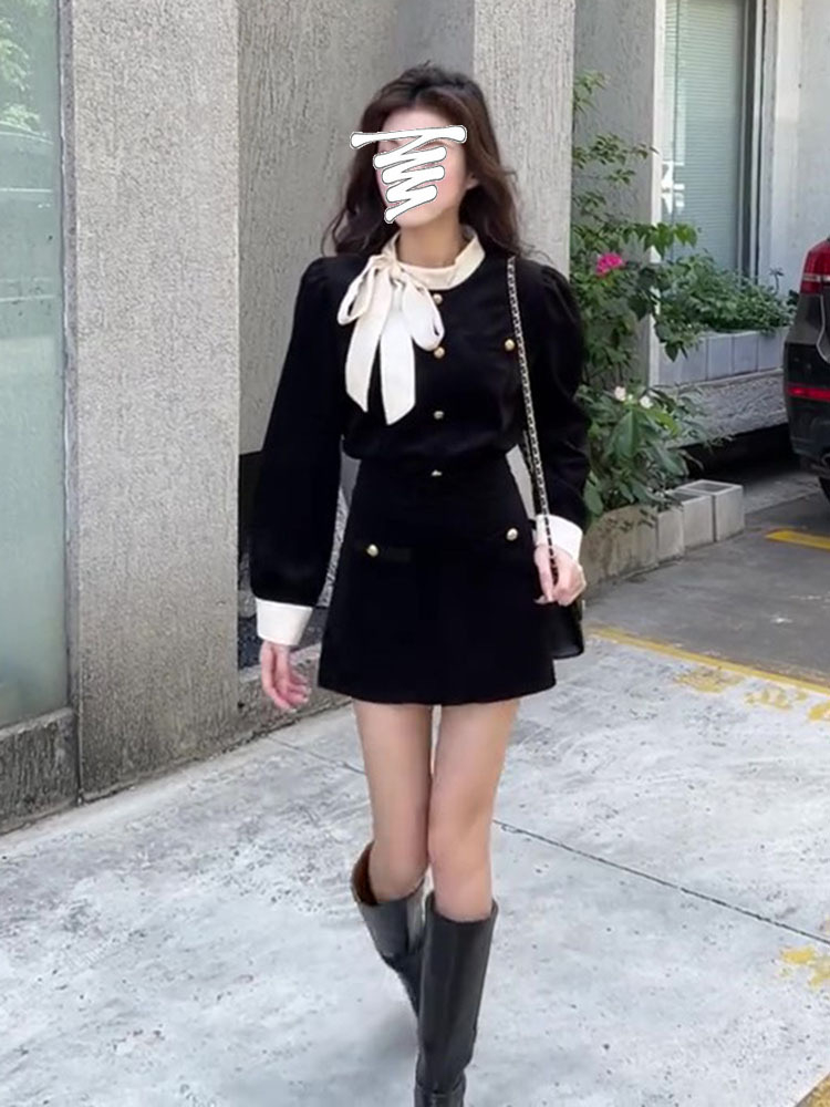 小香風套裝裙兩件套蝴蝶結燈芯絨外套富家千金女秋冬高腰半身短裙