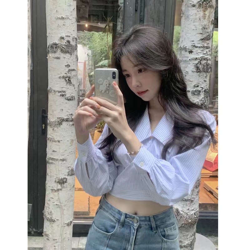 Korean chic sweet spicy high waist design sense of minority Stripe Shirt women's spring 2022 new chic top women's wear