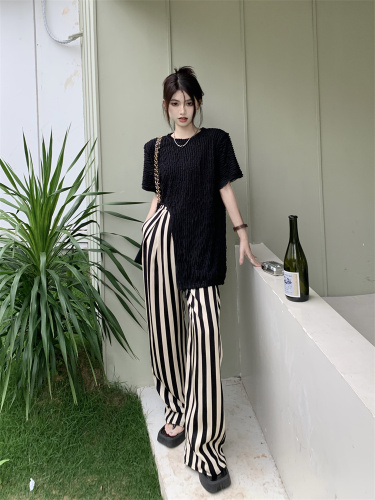 Real shot and real price Korean style irregular pleated top + high waist striped loose wide leg pants