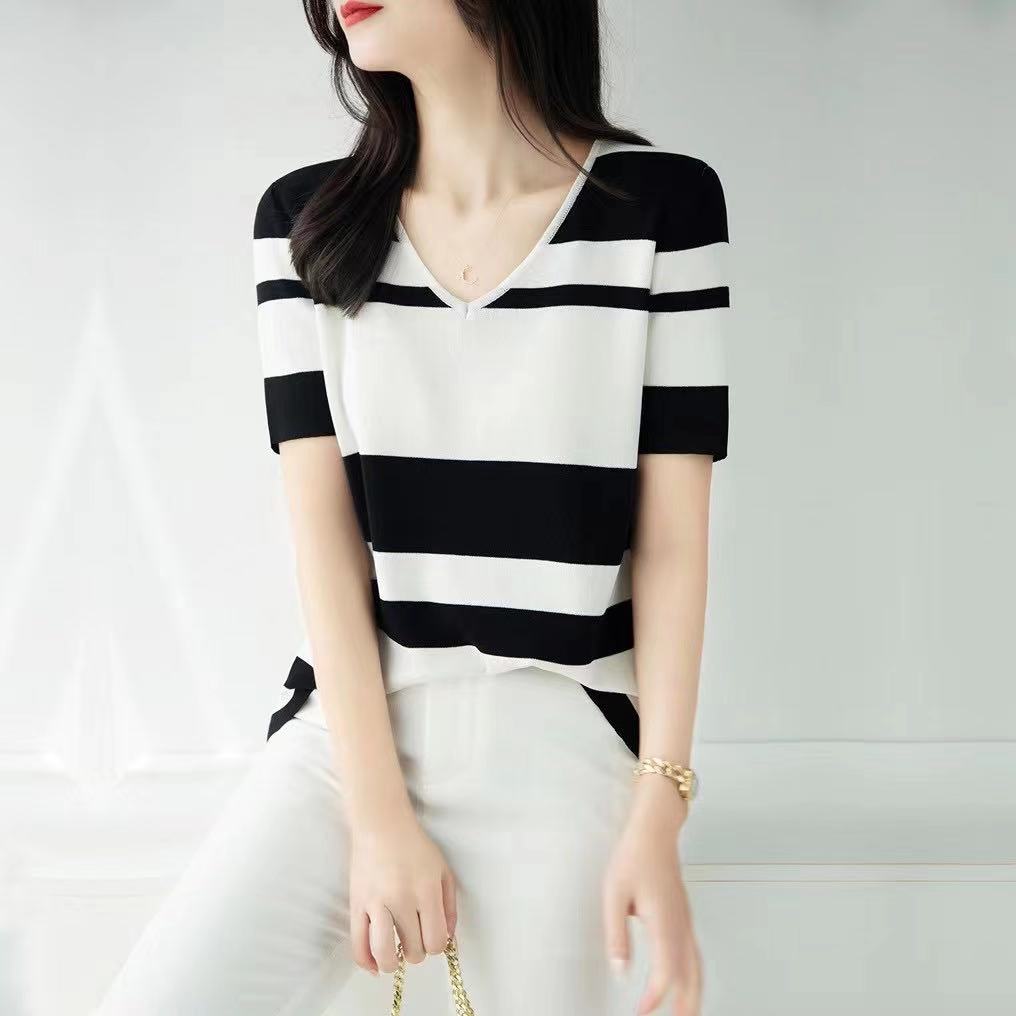 V-neck fashion stripe thin T-shirt 2021 summer new loose thin short sleeve ice silk knitted split top