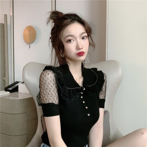 Design sense French retro baby collar knitting mesh splicing bubble sleeve short sleeve T-shirt clavicle heart machine top female