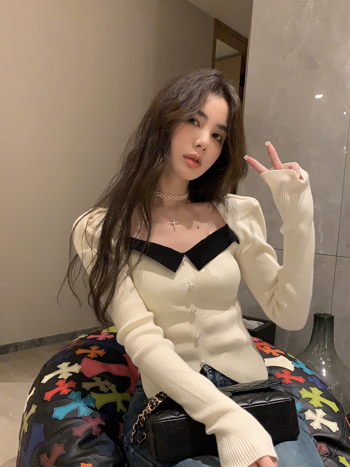 New color matching sweater pullover slim fit small casual slimming thick bottoming knitwear