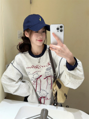 實拍~ 韓系圓領套頭卡通貓咪印花蝴蝶結寬鬆顯瘦長袖T恤