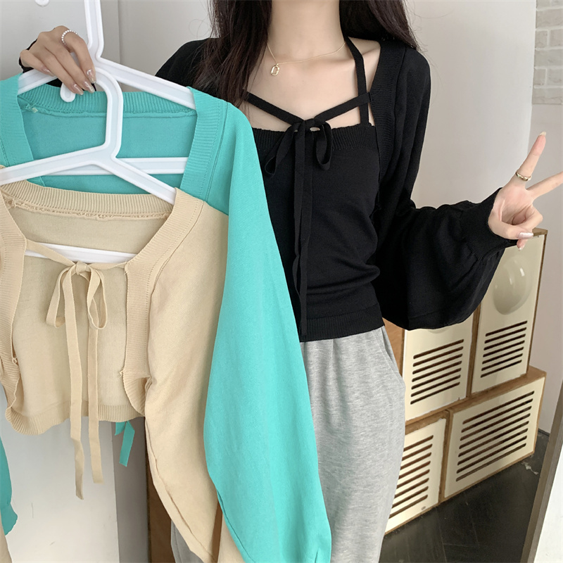 Real price real shot Early autumn new style fried street sweet and spicy style thin sling lantern sleeve lace sun protection shawl jacket cardigan two-piece set