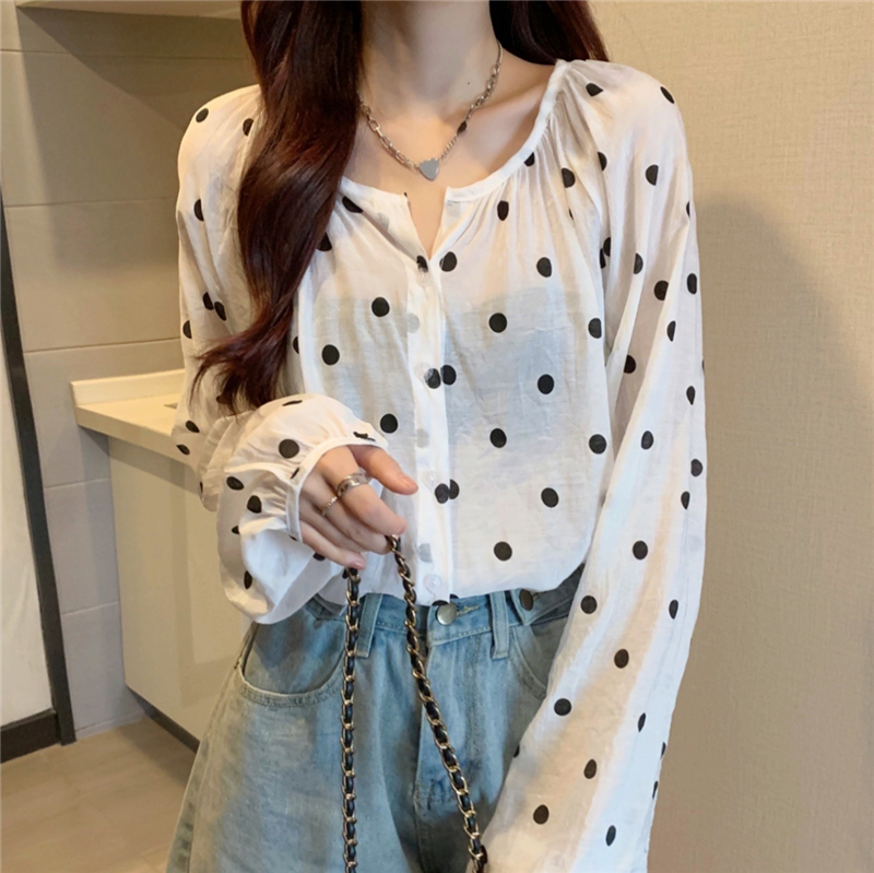 Real price French V-neck wave point Long Sleeve Chiffon shirt women's micro perspective thin sunscreen Shirt Top