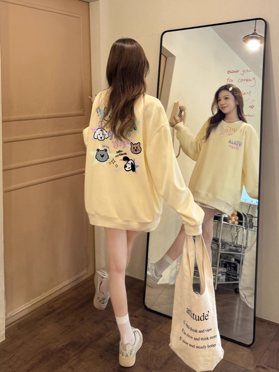 Thin padded and thick high-street American-style crew neck sweatshirt for women, autumn and winter trendy brand oversize niche jacket sweatshirt