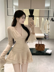 Real price V-neck long sleeve pleated high waist thin layered large hem dress
