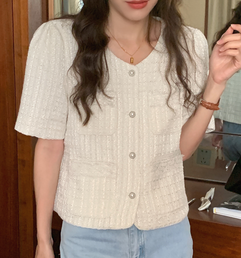Real price real price gentle air small fragrant wind single-breasted short tweed jacket short-sleeved top