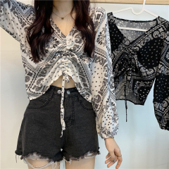 Real price 2021 New Retro cashew short V-Neck long sleeve drawstring shirt