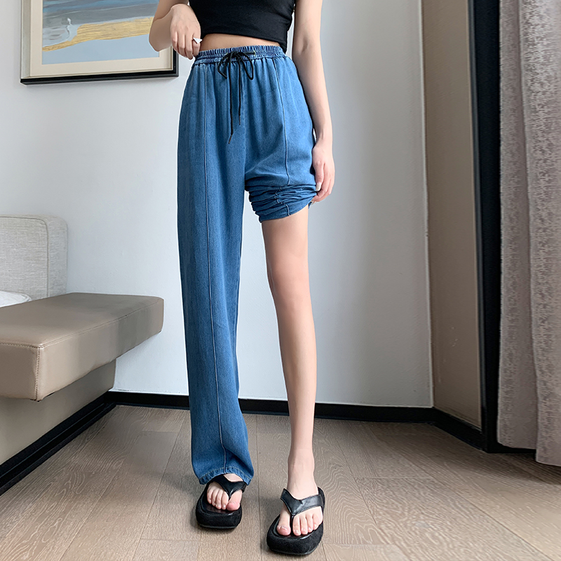Real photos of Tencel denim washing pants women's summer thin high waist small straight tube ice silk hanging feeling wide legs large size