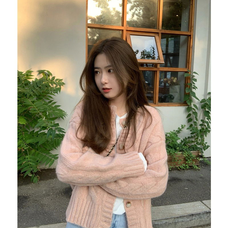 Pink Twist Sweater Jacket Women's Autumn and Winter Korean Loose Lazy Gentle Wind Soft Waxy Knit Cardigan Outer Wear