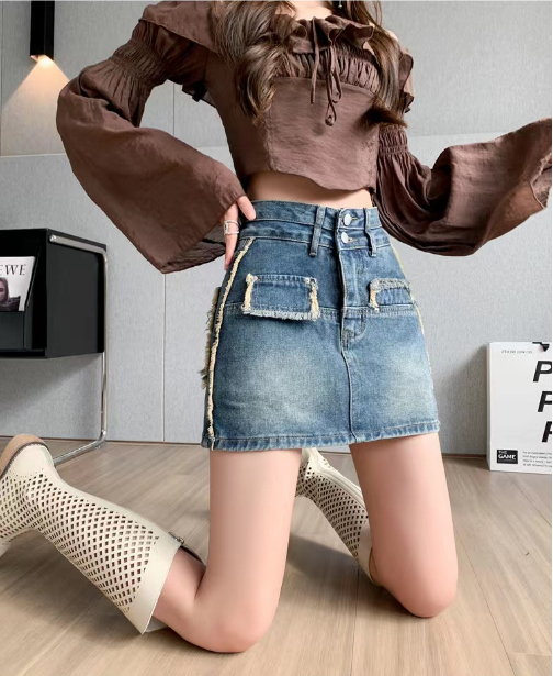 Hong Kong style retro raw edge denim skirt skirt for women high waist slim hip skirt shorts skirt spring and autumn