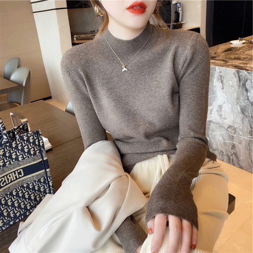 748 pile collar bottoming shirt women's autumn and winter new knitted inside with wool turtleneck sweater thickened slim top