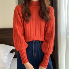 Real price real shot new Korean version lazy wind sliding shoulder Lantern Sleeve pit strip versatile half high collar Pullover Sweater Top