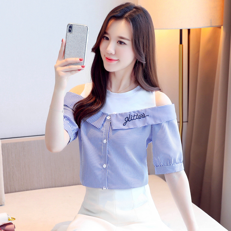 Actual photo of new summer shirt women's short sleeve Korean loose off shoulder fake two student embroidered chiffon shirt