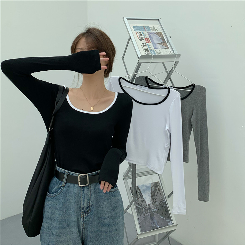 Early autumn new thin long-sleeved T-shirt women's inner-clavicle base layer autumn and winter short sweet top