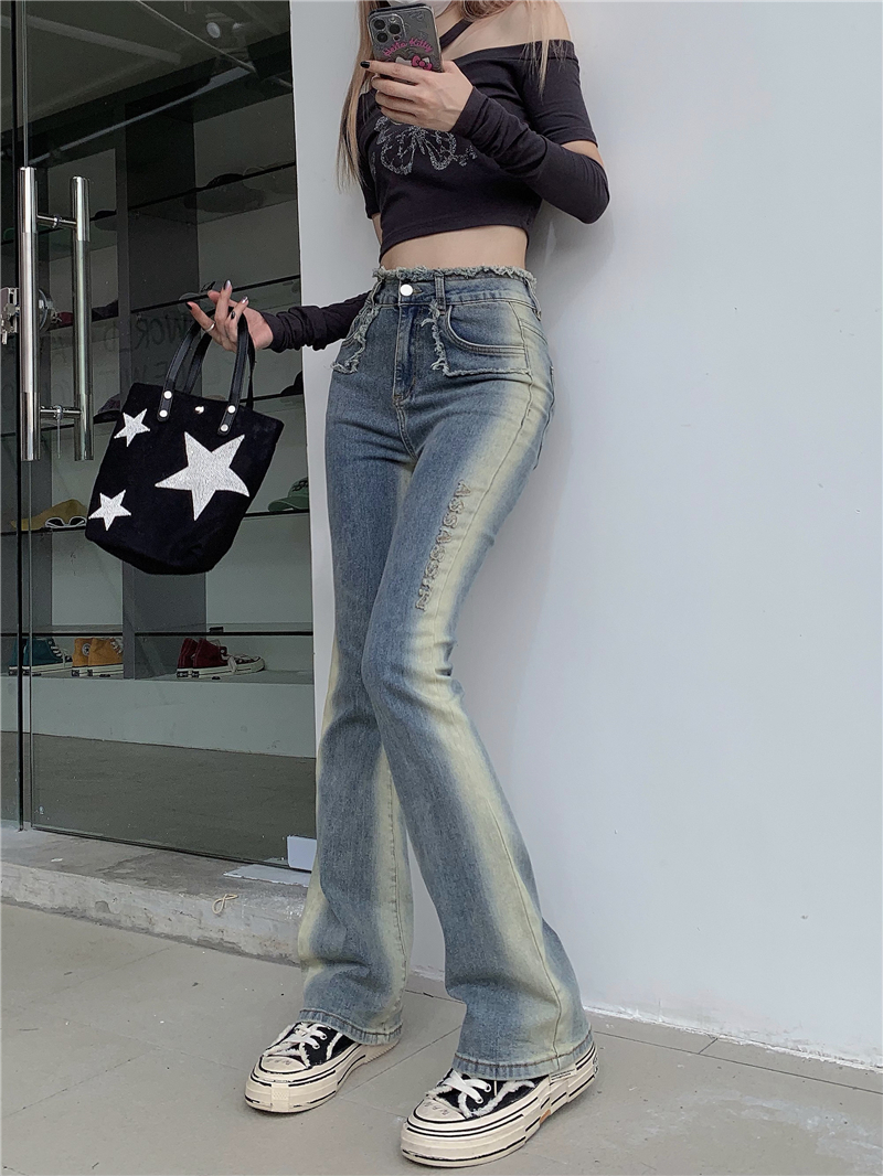 Real shot real price hot girl high-waisted raw edge jeans women's contrast color stitching tight-fitting slimming trousers