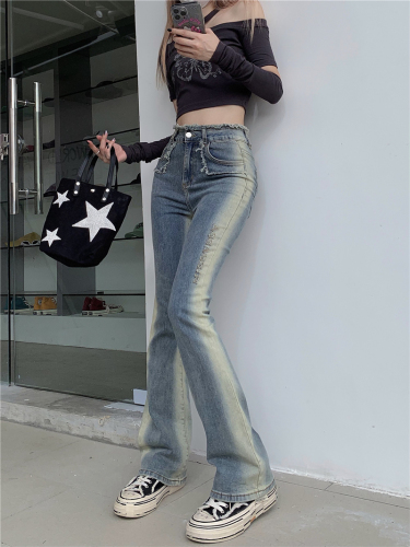 Real shot real price hot girl high-waisted raw edge jeans women's contrast color stitching tight-fitting slimming trousers