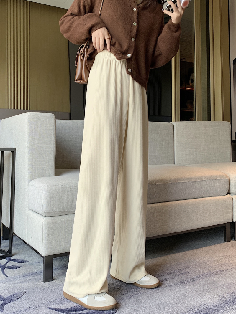 Real shot 2021 autumn vertical stripe solid color wide leg pants loose and thin high waist hanging casual pants real price