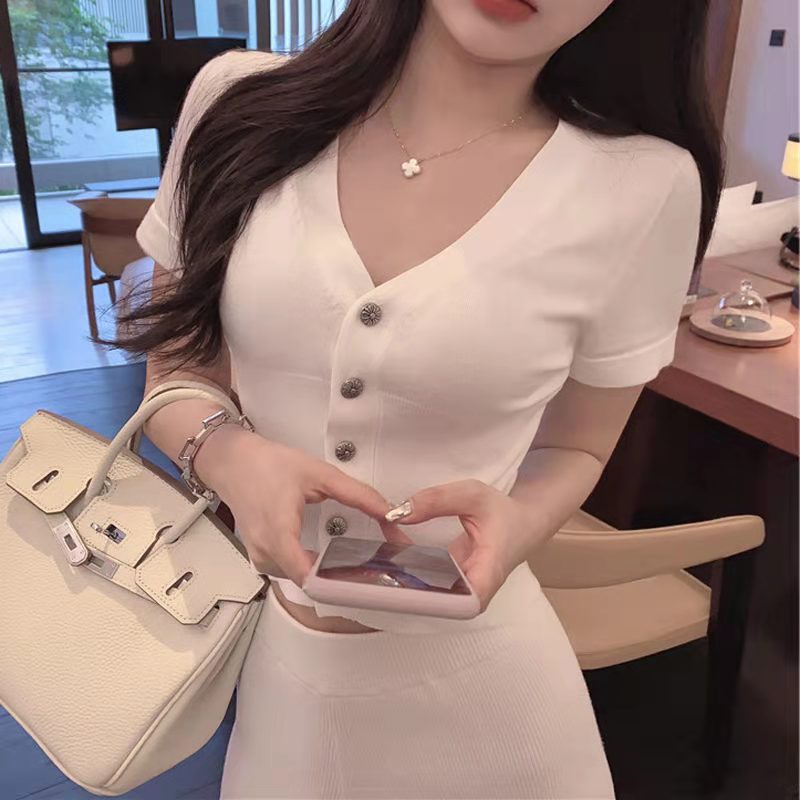 Summer new style sexy foreign style short cardigan t-shirt female slim short sleeve collar top fashion