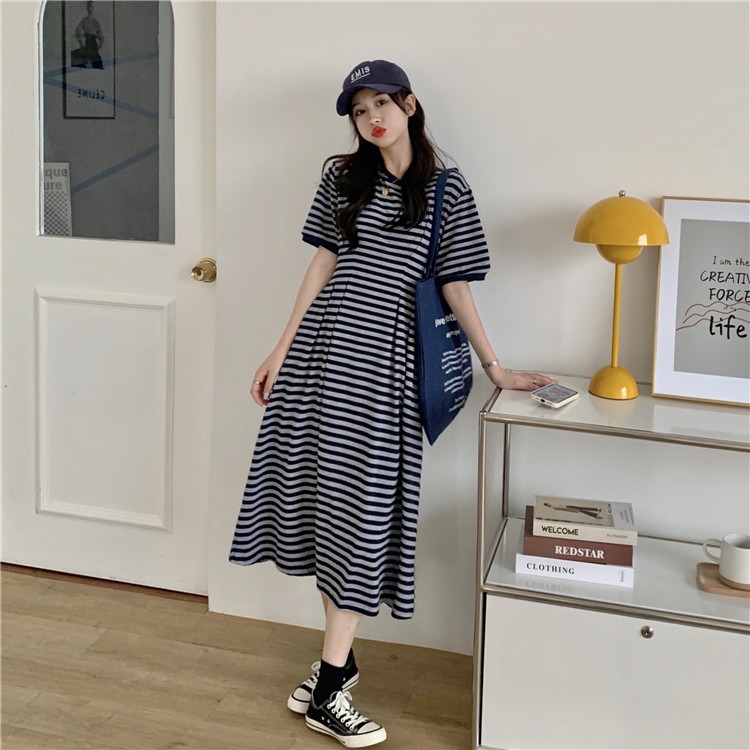 Large women's summer loose long short sleeved T-shirt skirt stripe dress weight mm200kg