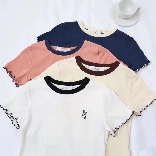 Embroidered rabbit short sleeve T-shirt women's new summer Vintage contrast color show thin Japanese girls' top