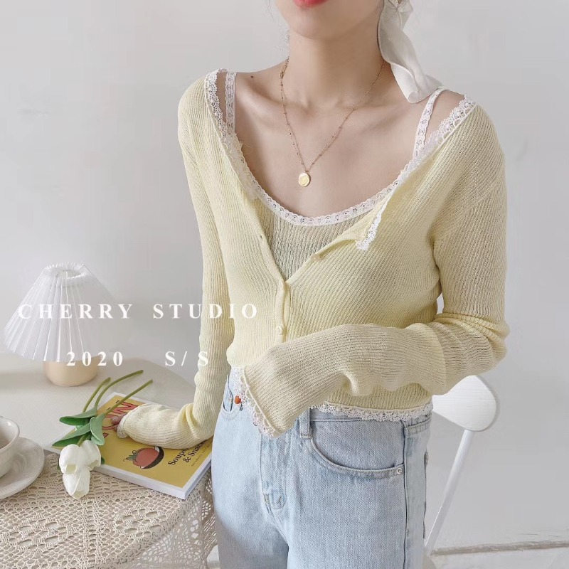 Small suspender vest, female + Lace knit cardigan, versatile, wearing a thin sunscreen top two-piece set