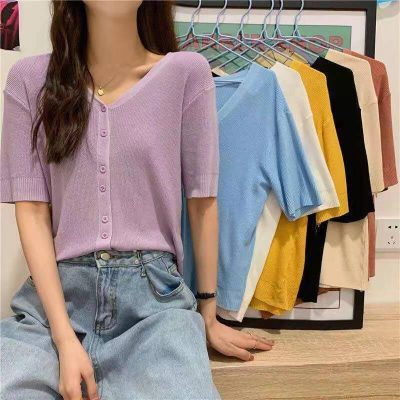 Cool silk summer Korean version new slim lazy style short V-neck thin style with button design outside women's top