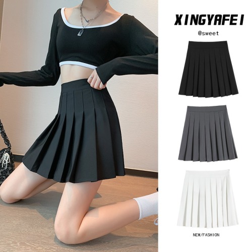 Original zipper with lining pleated skirt women's skirt short skirt high waist slim college style A-line skirt wrap arm skirt