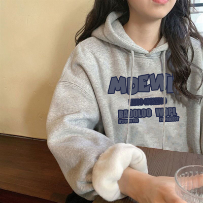 Autumn and winter plus velvet thick Korean version loose schoolgirl hooded sweater Harajuku style top BF all-match thin coat tide