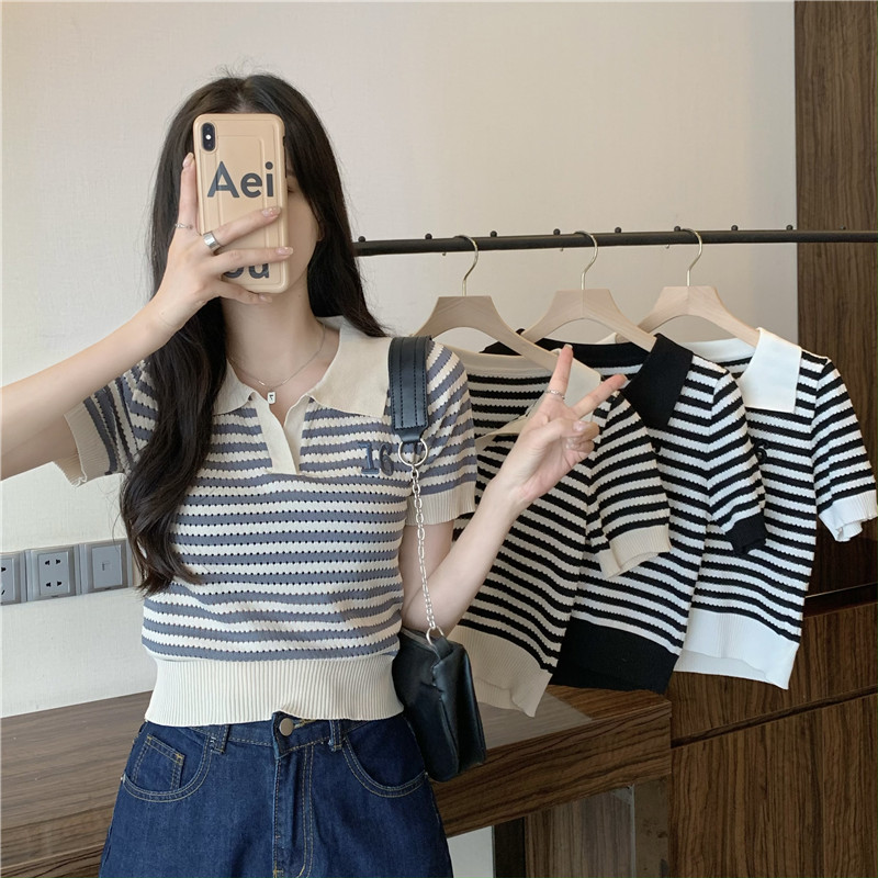 Real price striped embroidered sweater women's summer new temperament slim shoulder short-sleeved top