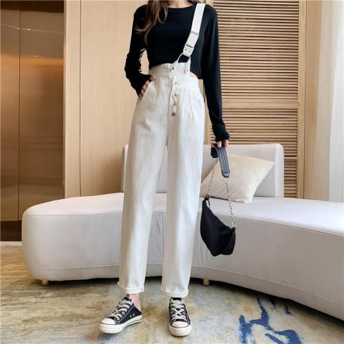 Spring and autumn Korean version of high waist one shoulder suspenders jeans women's large size fat mm loose slim nine points wide leg daddy pants trendy