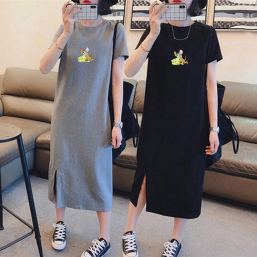 Summer short sleeve dress casual belly covering large women's loose medium length knee over bottomed T-shirt skirt