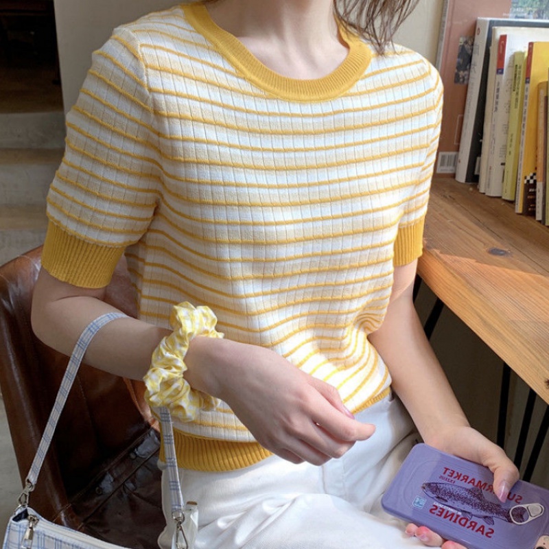 Crew neck thin color stripe ice silk sweater 2022 summer short sleeve foreign style loose bottomed T-shirt women's top