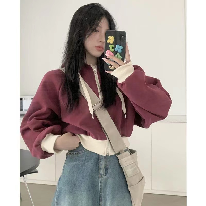 Plus size fat MM short hoodie female autumn lazy loose Korean version zipper ins joker jacket female