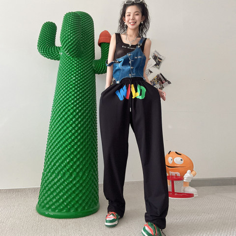 Color printed sweatpants female jazz hip-hop loose casual wide leg pants oversize design black pants