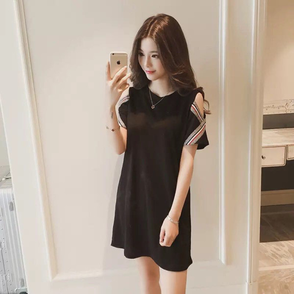 Plus size women's summer clothes summer clothes slightly fat off shoulder show thin cover belly hide meat dress trend