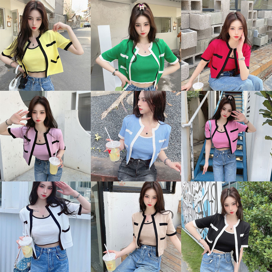 Real shooting of new Korean color contrast versatile knitted cardigan + simple knitted vest for women